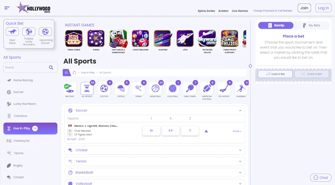 HoolywoodBets Live Football Betting Screenshot